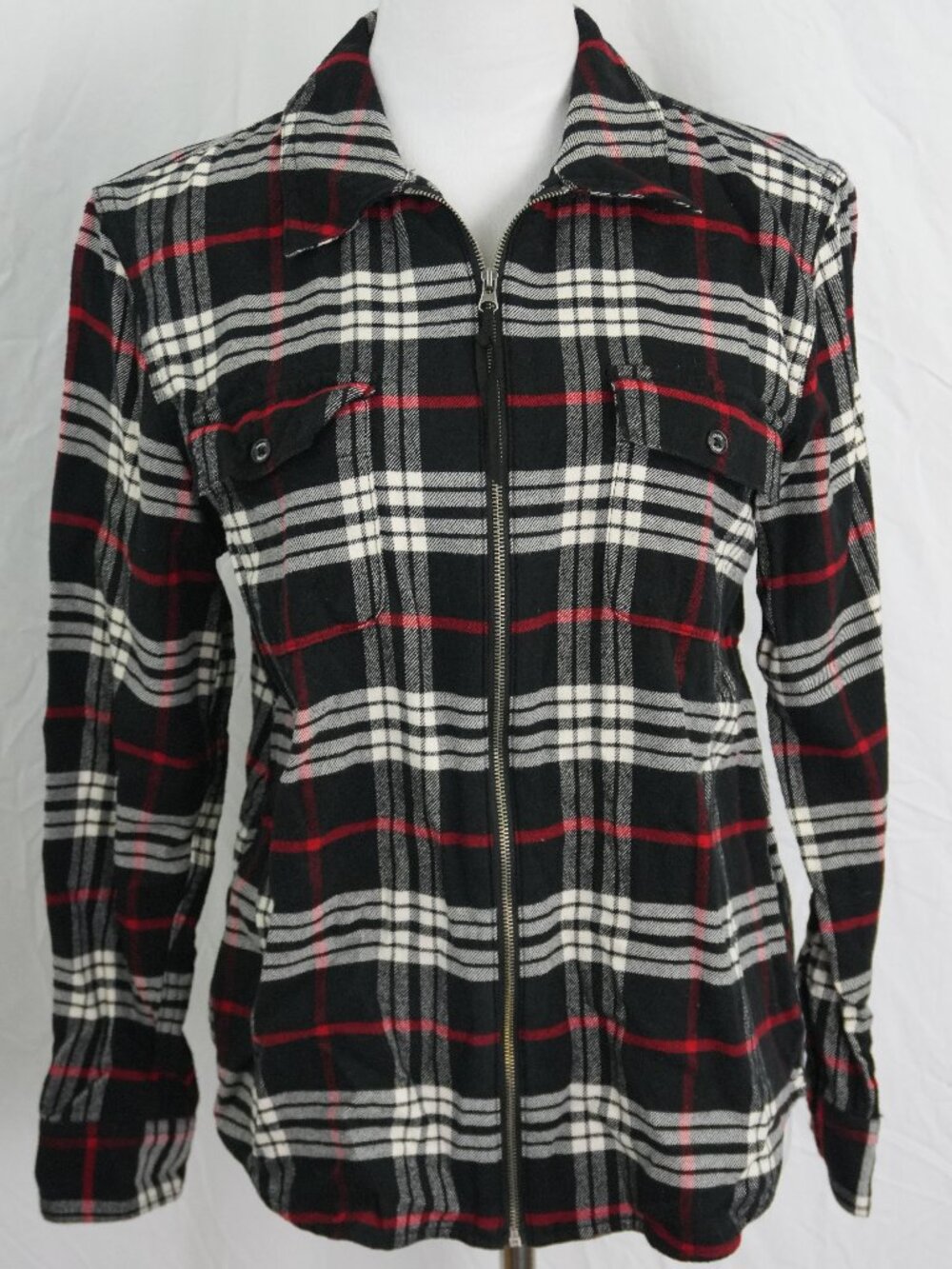 LNC Chaps Full Zip Womens Petite Large Plaid Flannel Shirt 100% Cotton Top